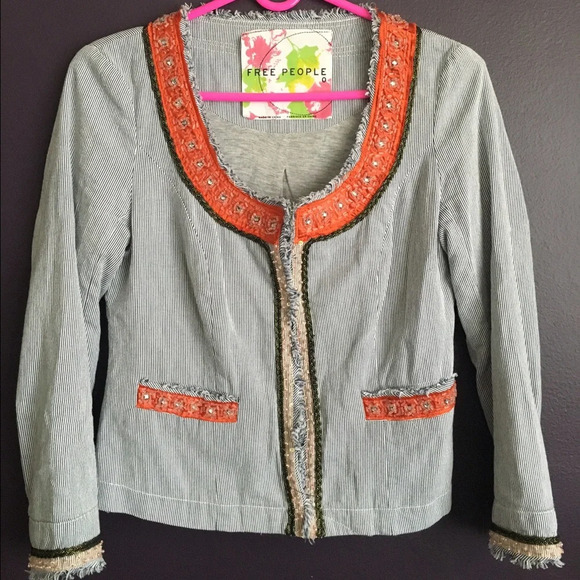 Free People Jackets & Blazers - Free People Women’s Striped Beaded Fringe Blazer size 0 EUC